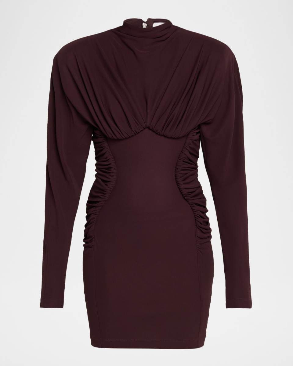 Pleated High-Neck Long-Sleeve Mini Dress